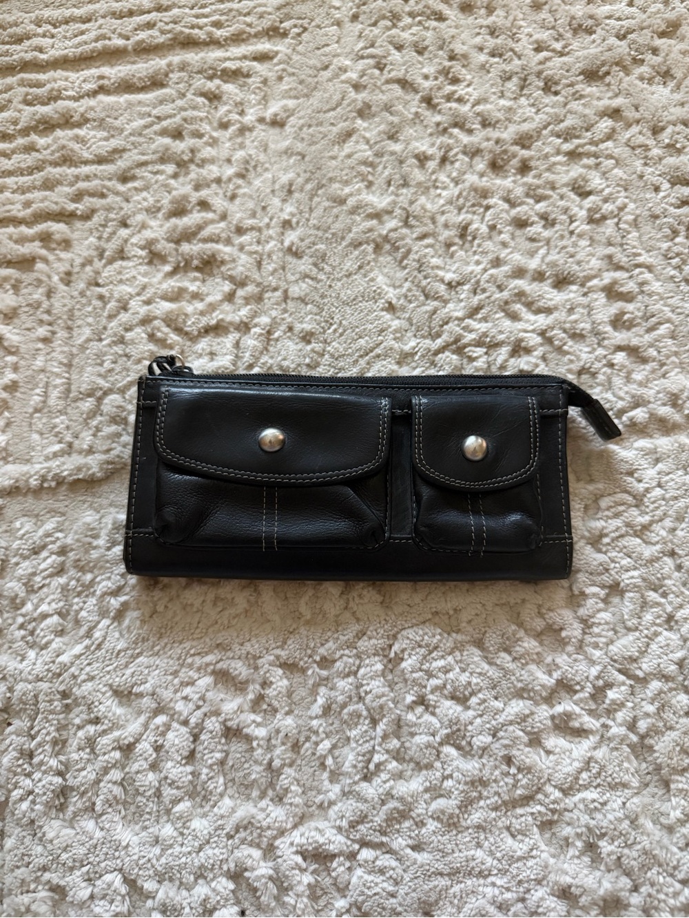 Black Leather Wallet Clutch with Front Pockets